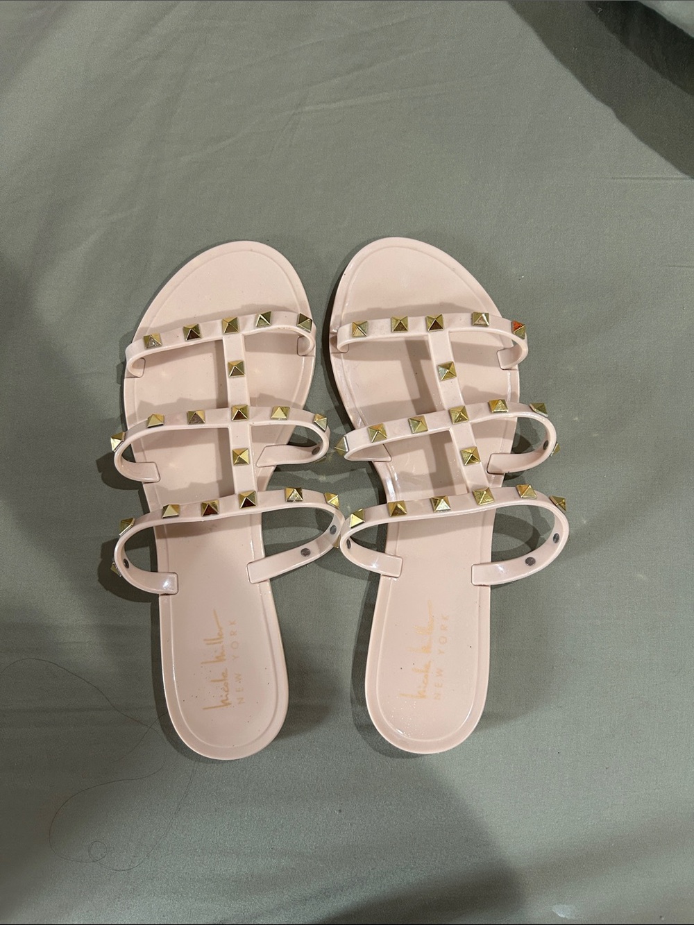Nicole Miller Blush Pink Studded Slide Sandals